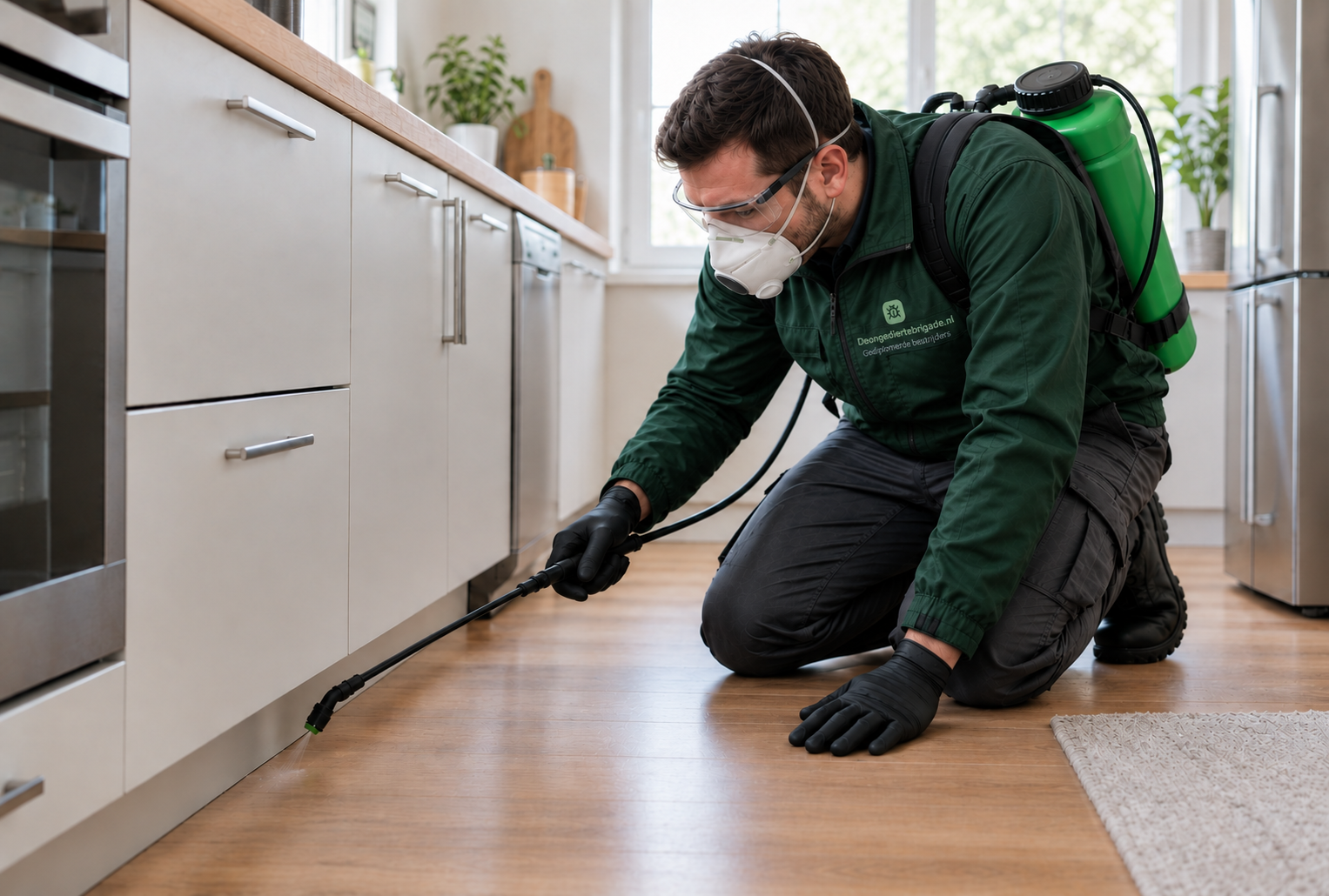 Gediplomeerde bestrijder behandelt ongedierte in een woonkamer